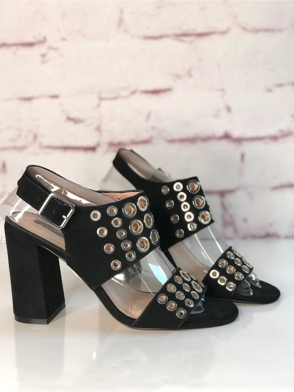 TOPSHOP Black Suede Silver Grommet Block Heel Ankle Strap Slingback Heel NWT 9.5 - Picture 16 of 16